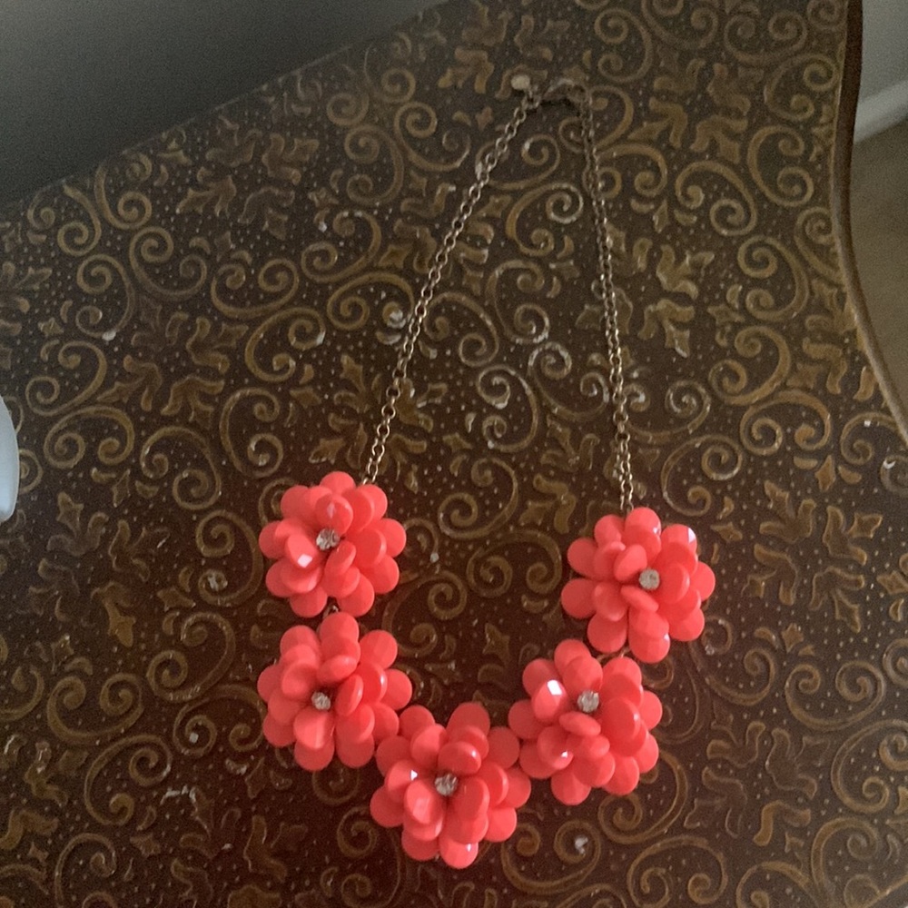 J. Crew neon coral rhinestone floral statement necklace and bracelet - Picture 3 of 4